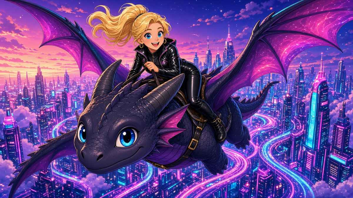 Is it still a taxi if the driver is a dragon with a neon-city map - comic illustration