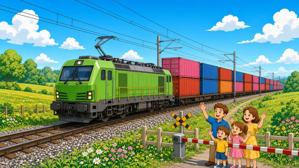 Is a double-stack freight train the heaviest parade ever to roll through a tiny village - comic illustration