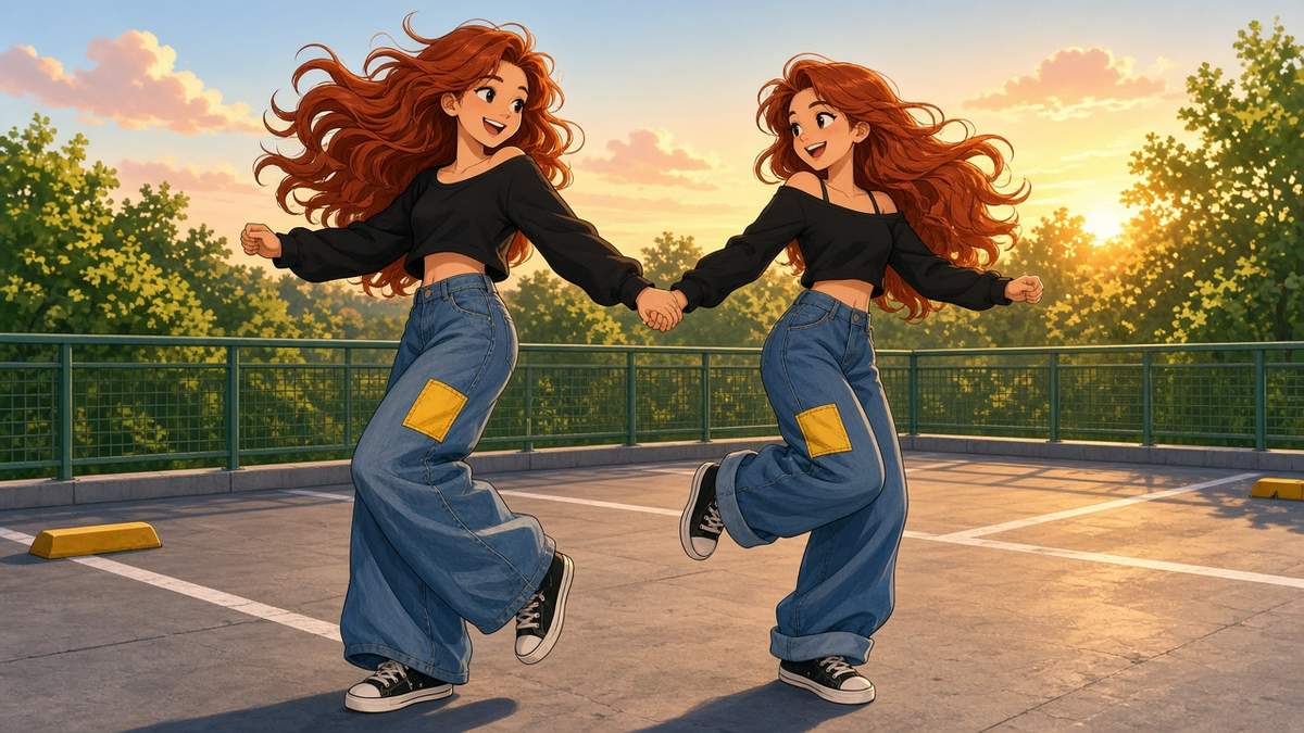 Are two redheads on a parking deck basically a sunset with synchronized hair - comic illustration